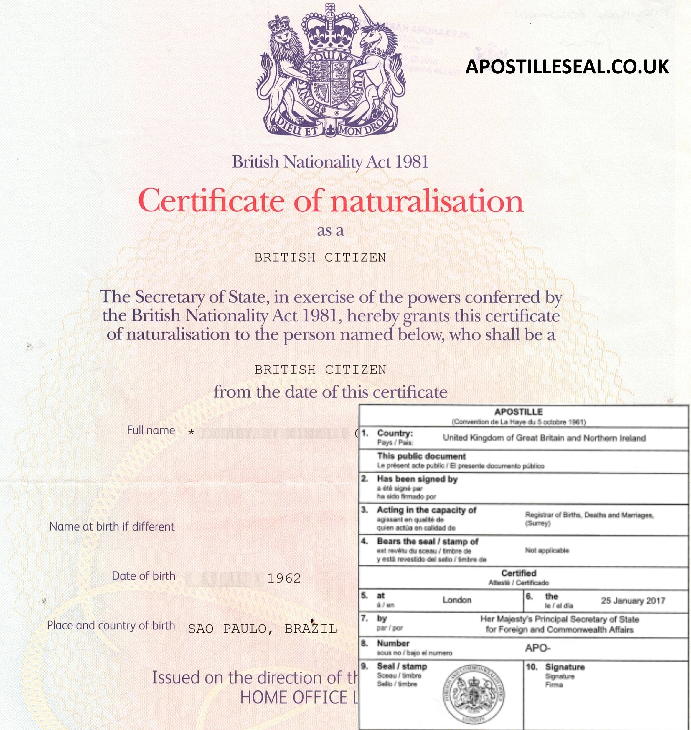 CERTIFICATE Of NATURALISATION Apostille 59 Free Advise
