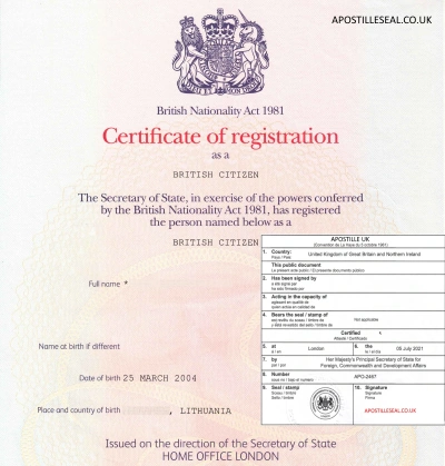 Certificate of Registration as a british citizen apostille