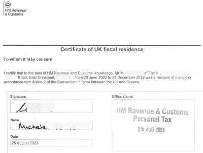 Certificate of UK fiscal residence Apostille - HMRC
