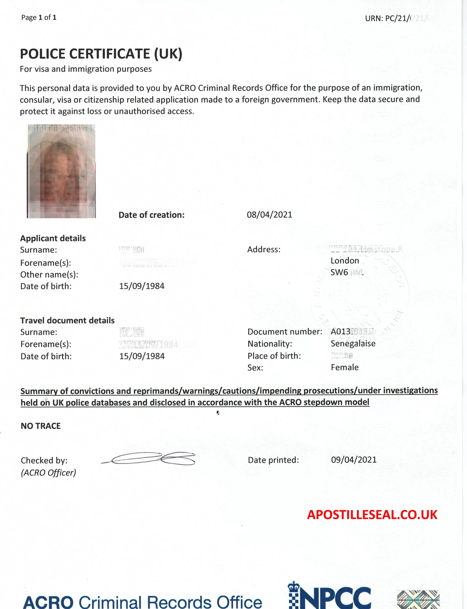 Police Certificate Acro Acro Apostille