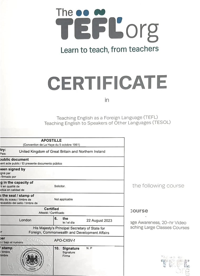 Tefl Apostille. TEFL Org Certificate