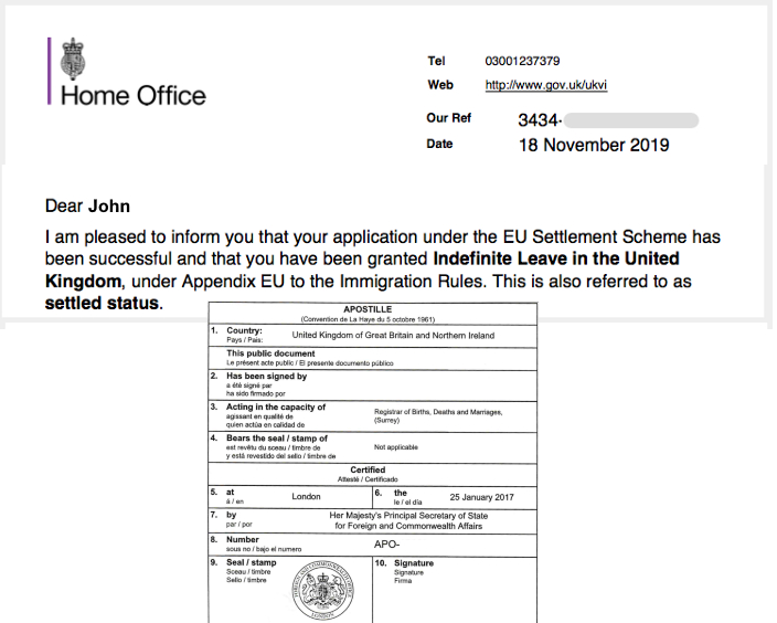 Settled status apostille UK